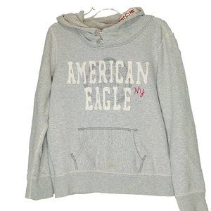 American Eagle NY Hoodie Large Gray Pullover Applique Spellout Pouch Pocket